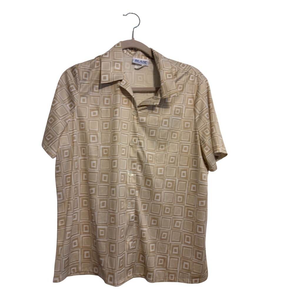 Blair Button‎ Up Top Vintage Geometric Tan White Short Sleeve Large